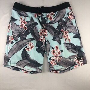 Rusty Surfboards Y2K Board Shorts Men's 34 Blue-Green Hibiscus Surf Swim Beach